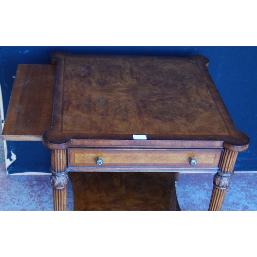 348 - French-style walnut occasional table, the shaped top with pull-out slide to each side, single drawer... 