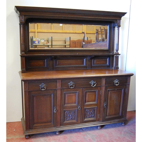 351 - Early 20th century stained wood mirror-back sideboard, the mirror back with dentil decoration above ... 