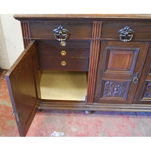 351 - Early 20th century stained wood mirror-back sideboard, the mirror back with dentil decoration above ... 