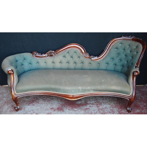 359 - Victorian mahogany scroll-end sofa, upholstered in later button-back fabric, 89cm high and approxima... 