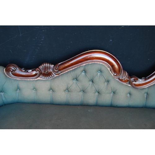 359 - Victorian mahogany scroll-end sofa, upholstered in later button-back fabric, 89cm high and approxima... 