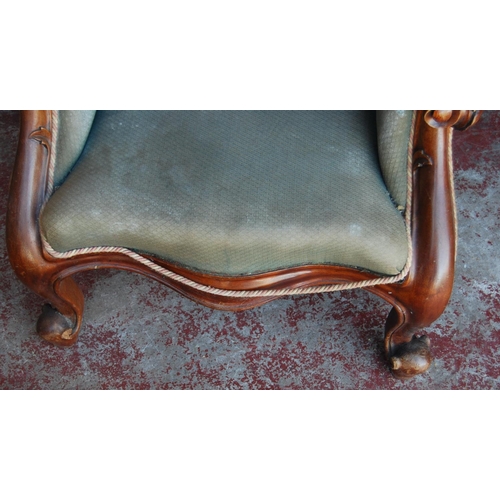 359 - Victorian mahogany scroll-end sofa, upholstered in later button-back fabric, 89cm high and approxima... 