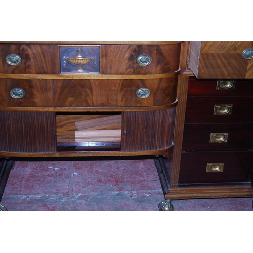 360 - Early 20th century Adams-style mahogany sideboard with two long drawers above tambour roller shutter... 