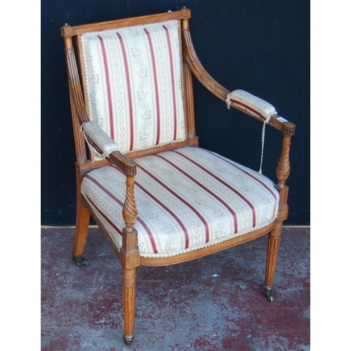 361 - Edwardian lady's parlour armchair on a reeded and turned frame, upholstered in Regency-style striped... 