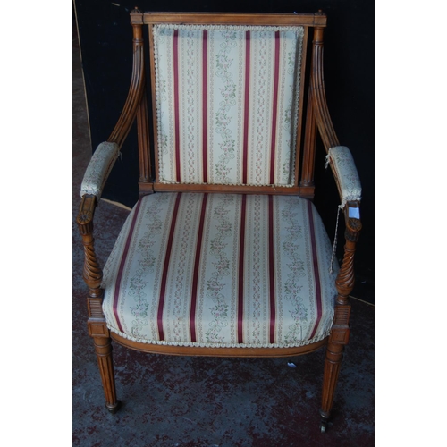 361 - Edwardian lady's parlour armchair on a reeded and turned frame, upholstered in Regency-style striped... 