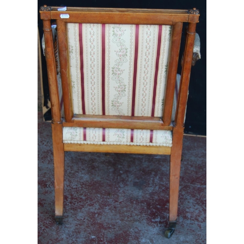 361 - Edwardian lady's parlour armchair on a reeded and turned frame, upholstered in Regency-style striped... 