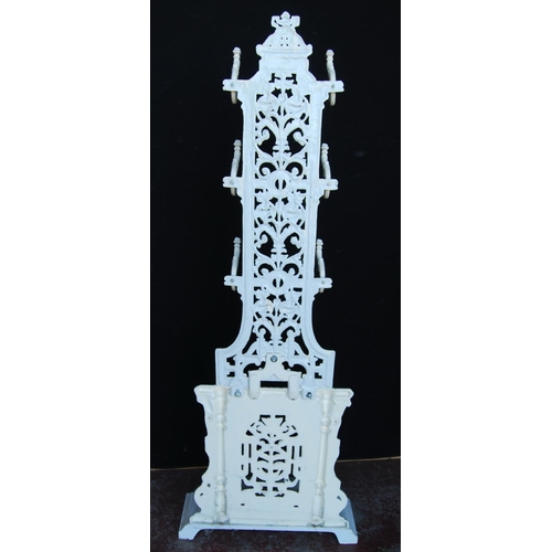 366 - Gothic inspired painted cast iron hall stand with a pierced scroll and fern frame with six pegs abov... 