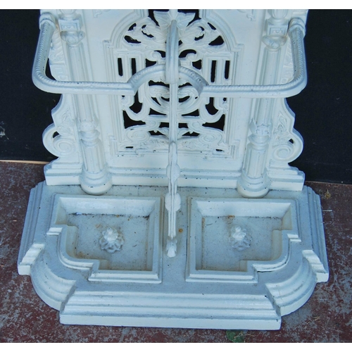 366 - Gothic inspired painted cast iron hall stand with a pierced scroll and fern frame with six pegs abov... 