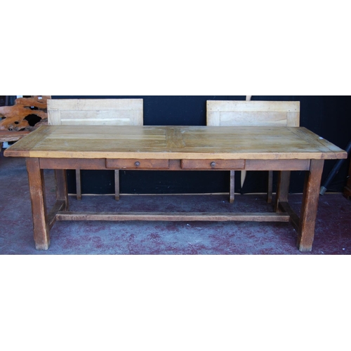 369 - Antique French oak refectory table, the fixed plank top with extending pull-out section to each end,... 