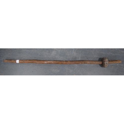 213 - Fiji or South Seas wooden club/stick with carved bulbous section near the top, 100cm long.