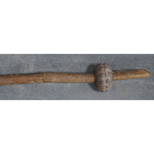 213 - Fiji or South Seas wooden club/stick with carved bulbous section near the top, 100cm long.