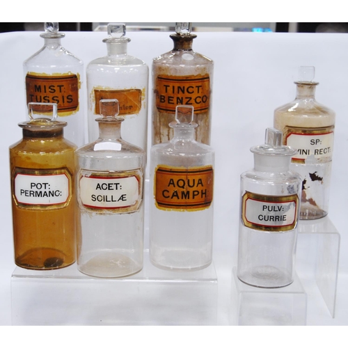 206 - Collection of antique glass chemist's jars of large size, most named in black lettering on white, gi... 