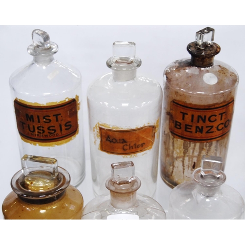 206 - Collection of antique glass chemist's jars of large size, most named in black lettering on white, gi... 