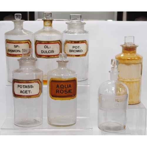 206 - Collection of antique glass chemist's jars of large size, most named in black lettering on white, gi... 