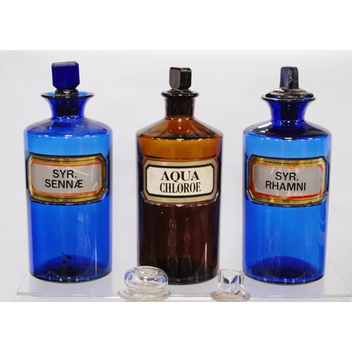 209 - Group of antique clear and coloured glass chemist's jars to include two medium size blue glass jars ... 