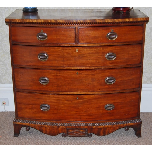 337 - Regency style mahogany bowfront chest of two short and three long drawers with reeded and shaped fri... 