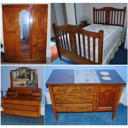 338 - Edwardian composite inlaid mahogany four-piece bedroom suite comprising a wardrobe, dressing chest f... 