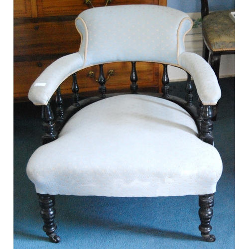 339 - Victorian ebonised drawing room armchair upholstered in later fabric, on balustrade and turned colum... 