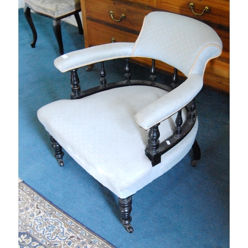 339 - Victorian ebonised drawing room armchair upholstered in later fabric, on balustrade and turned colum... 