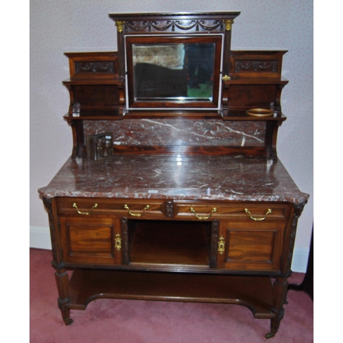 342 - Edwardian carved mahogany washstand, the rectangular mirror flanked by reeded columns with gilt capi... 