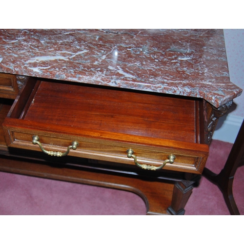 342 - Edwardian carved mahogany washstand, the rectangular mirror flanked by reeded columns with gilt capi... 