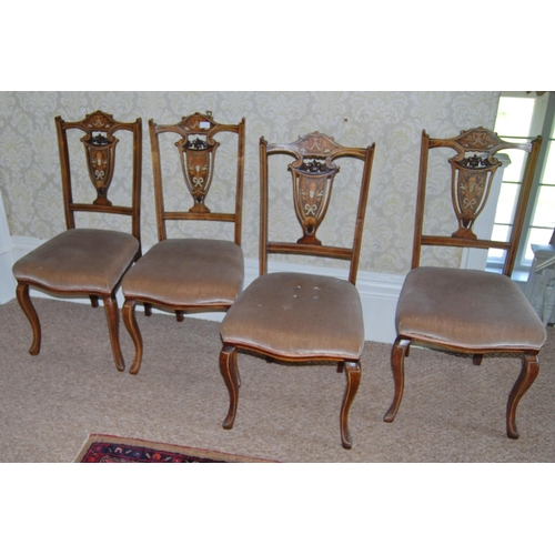 345 - Set of four Edwardian inlaid walnut and rosewood parlour chairs, inlaid with satinwood and bone shie... 