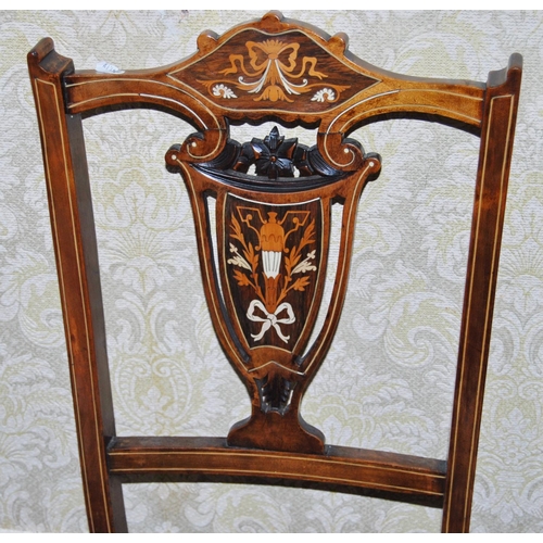 345 - Set of four Edwardian inlaid walnut and rosewood parlour chairs, inlaid with satinwood and bone shie... 