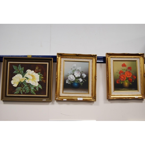 1 - Three floral still life pictures, modern oils on canvas, signed by Gallard, D Frost and another, als... 