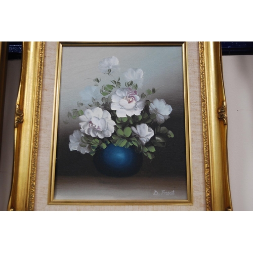 1 - Three floral still life pictures, modern oils on canvas, signed by Gallard, D Frost and another, als... 