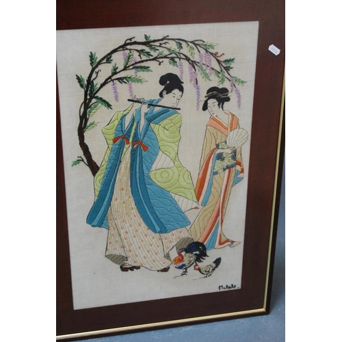 106 - Pair of modern Japanese-style embroideries of Geisha, both signed Michele.