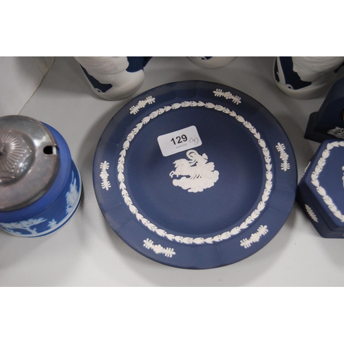 129 - Group of Wedgwood blue Jasper ware to include trefoil dishes, preserve pot and cover, trinket box, m... 