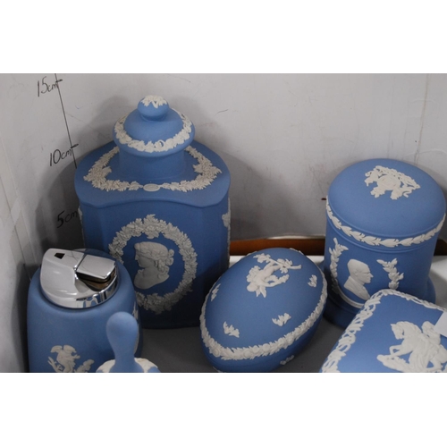 133 - Group of Wedgwood blue Jasper ware to include jar and cover, cylindrical jar and cover, egg-shaped t... 