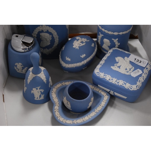 133 - Group of Wedgwood blue Jasper ware to include jar and cover, cylindrical jar and cover, egg-shaped t... 