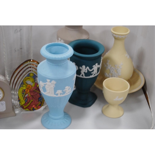 137 - Group of Wedgwood Jasper ware items in various colours to include spill vases, boxes with covers, ma... 