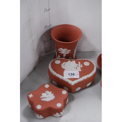 138 - Group of coral-coloured Wedgwood Jasper ware to include spill vase, heart-shaped box and cover and f... 