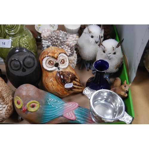 14 - Quantity of ceramic owl figures and ornaments to include a coin bank, also assorted porcelain orname... 