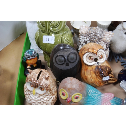 14 - Quantity of ceramic owl figures and ornaments to include a coin bank, also assorted porcelain orname... 