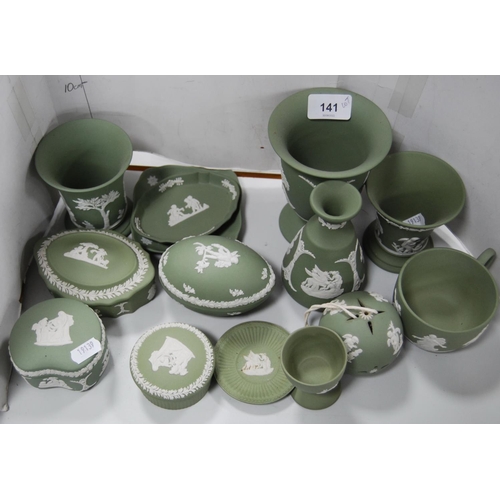 141 - Group of green Wedgwood Jasper ware to include boxes and covers, spill vases, cup, pin dishes etc.  ... 