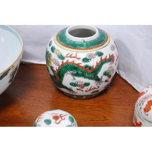 15 - Antique Chinese export bowl, famille verte ginger jar and cover decorated with the five-clawed drago... 