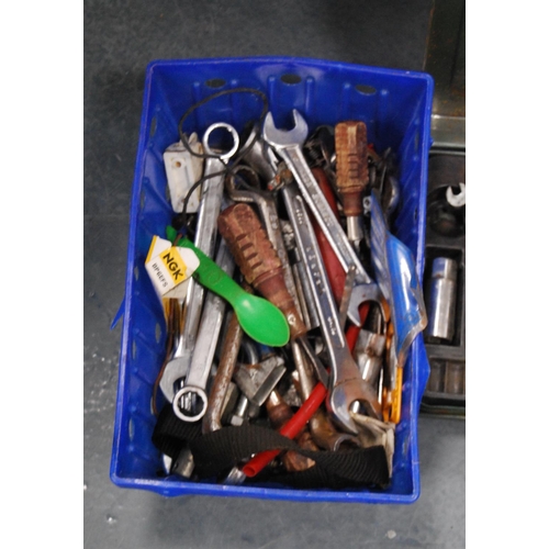 157 - Toolbox containing various spanners, cables, part socket wrench set etc.