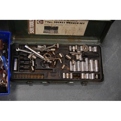 157 - Toolbox containing various spanners, cables, part socket wrench set etc.