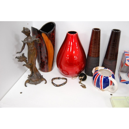 161 - French-style spelter female figure, modern flambé vase, studio vases, tankards, modern mug and coast... 