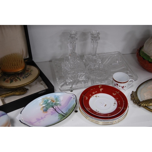 170 - Gilt decorated lady's brush set, hen crock, glass dressing table set, Noritake hair tidy, Limoges co... 