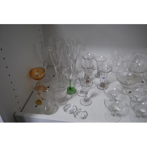 180 - Collection of assorted glassware to include a set of four dimple-cut ale glasses, brandy glasses, cu... 