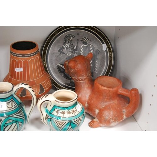 187 - Collection of Portuguese jugs, Greek plate, Mexican pottery, Colima-style jaguar water jug, and nati... 