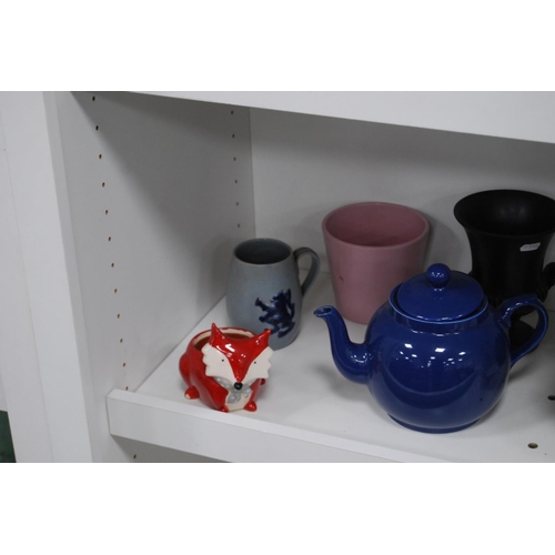 202 - Pottery and ceramic jugs, teapots, tankard etc (two shelves).