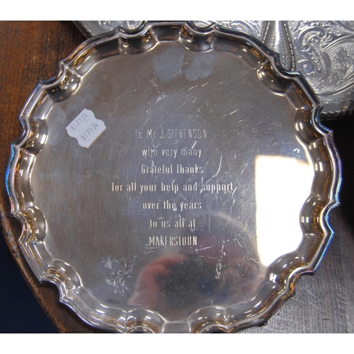 22 - Group of EP to include a large engraved presentation bowl, tray, salver, circular tray and a silver-... 