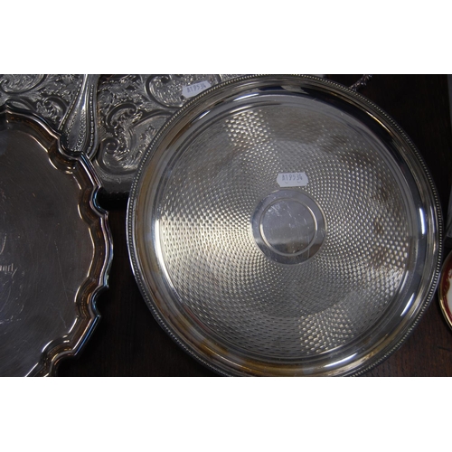 22 - Group of EP to include a large engraved presentation bowl, tray, salver, circular tray and a silver-... 