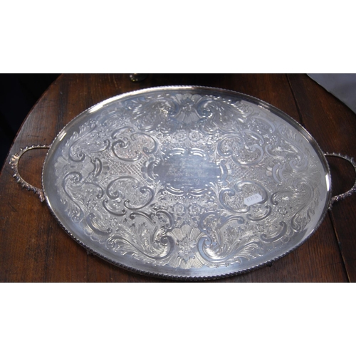 22 - Group of EP to include a large engraved presentation bowl, tray, salver, circular tray and a silver-... 