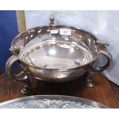 22 - Group of EP to include a large engraved presentation bowl, tray, salver, circular tray and a silver-... 